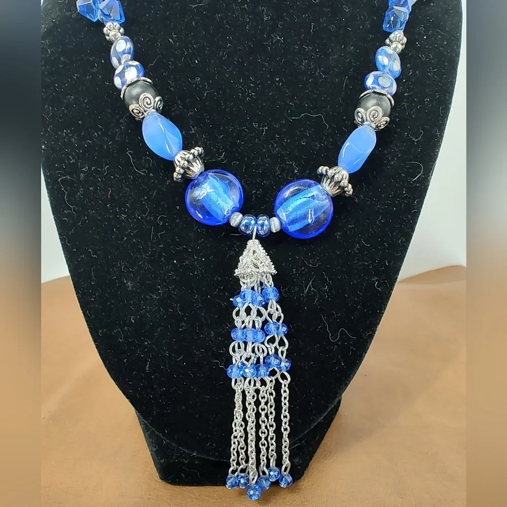 Handmade Stunning Blue and Silver Beaded Necklace 21